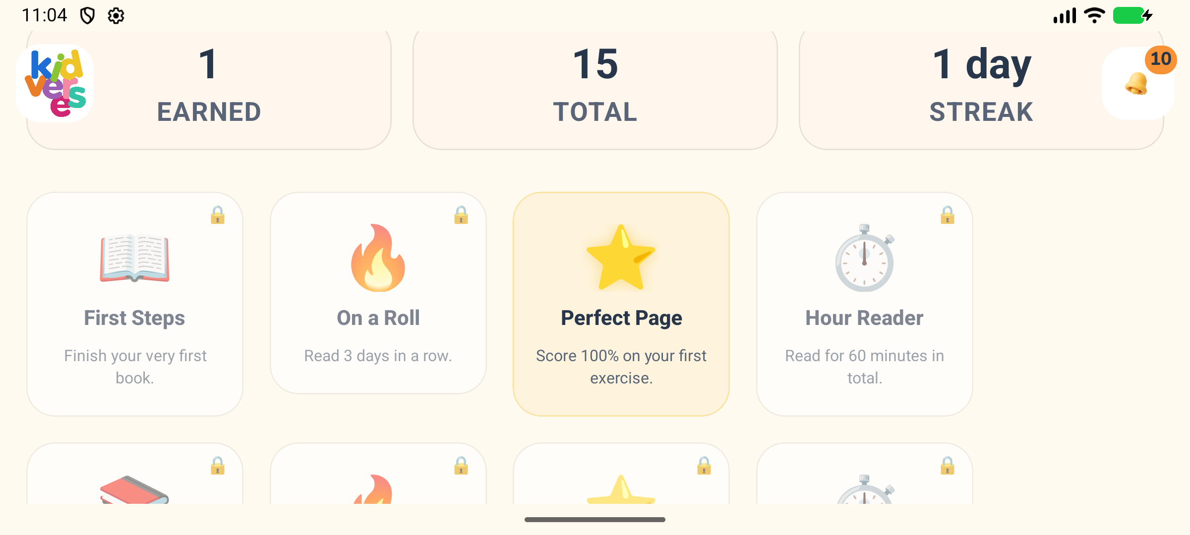 The Kidverse mobile badge collection showing Perfect Page and upcoming reading milestones