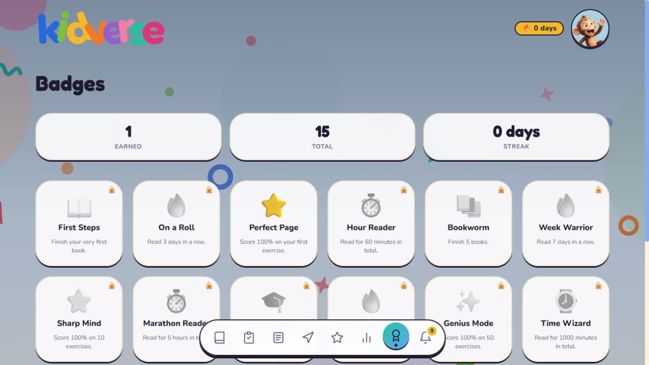 Kidverse web badge collection with the earned Perfect Page badge
