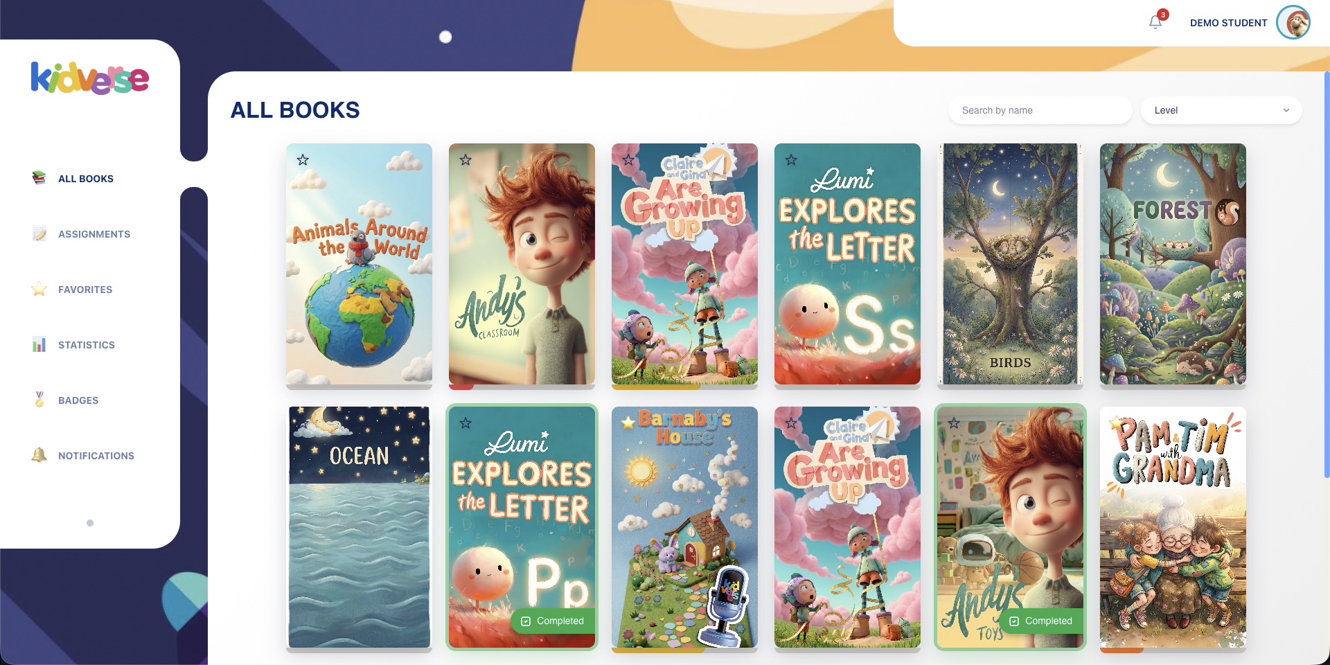 Kidverse student library dashboard