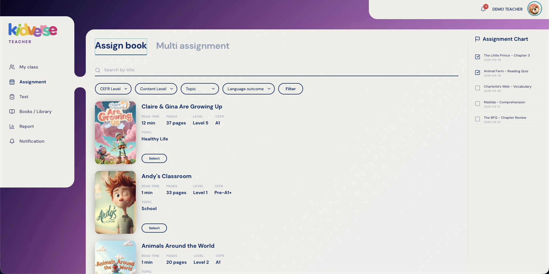 Assign the right book, to the right class.